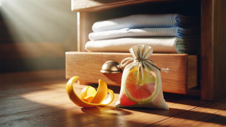 Illustration of a muslin sachet filled with dried citrus peels placed in a clothes drawer to prevent musty odours