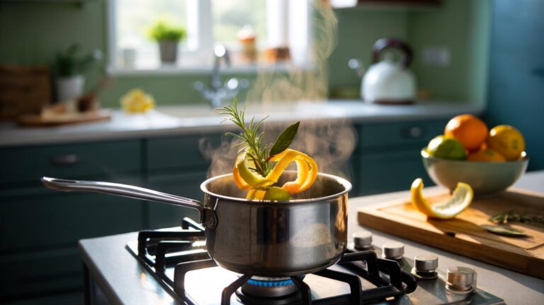 Illustration of citrus peels gently simmering in a saucepan on a kitchen hob, releasing steam to neutralise lingering odours