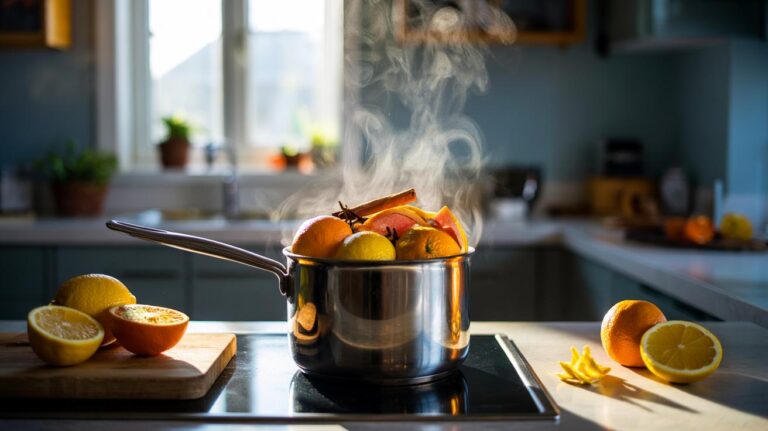 Illustration of a saucepan gently simmering citrus peels, releasing steam to neutralise cooking odours in a kitchen