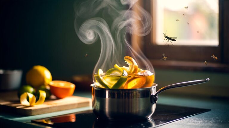 Illustration of citrus peels simmering in a saucepan, releasing aromatic oils that deter household insects