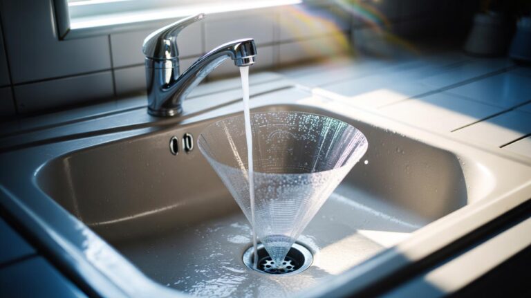 Illustration of a cling-film funnel placed over a sink plughole, guiding the tap's water stream into the drain to reduce splashback