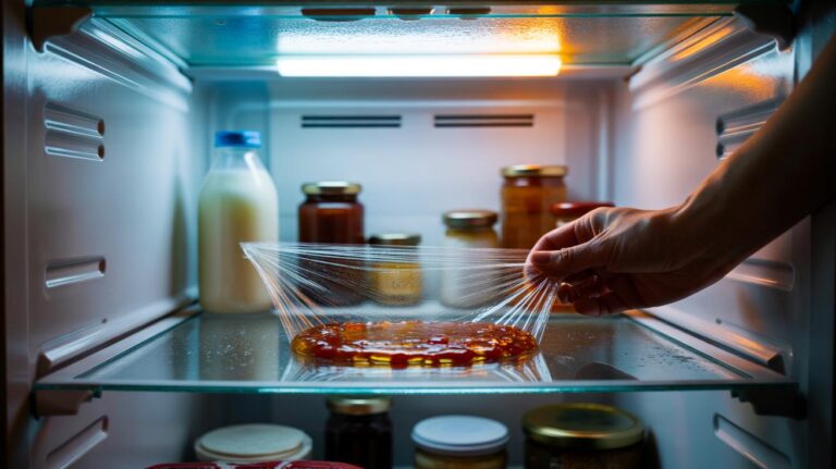 Illustration of a person applying cling film to a fridge shelf to prevent spills from sticking