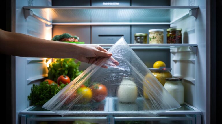Illustration of fridge shelves lined with cling film to prevent spills and keep surfaces spotless for weeks