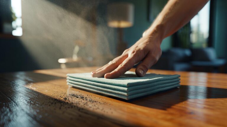 Illustration of a folded microfibre cloth with a layered leading edge trapping dust in a single swipe on a flat surface
