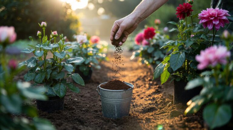 Illustration of used coffee grounds spread as fertilizer around blooming flowers to supply nitrogen for lush foliage
