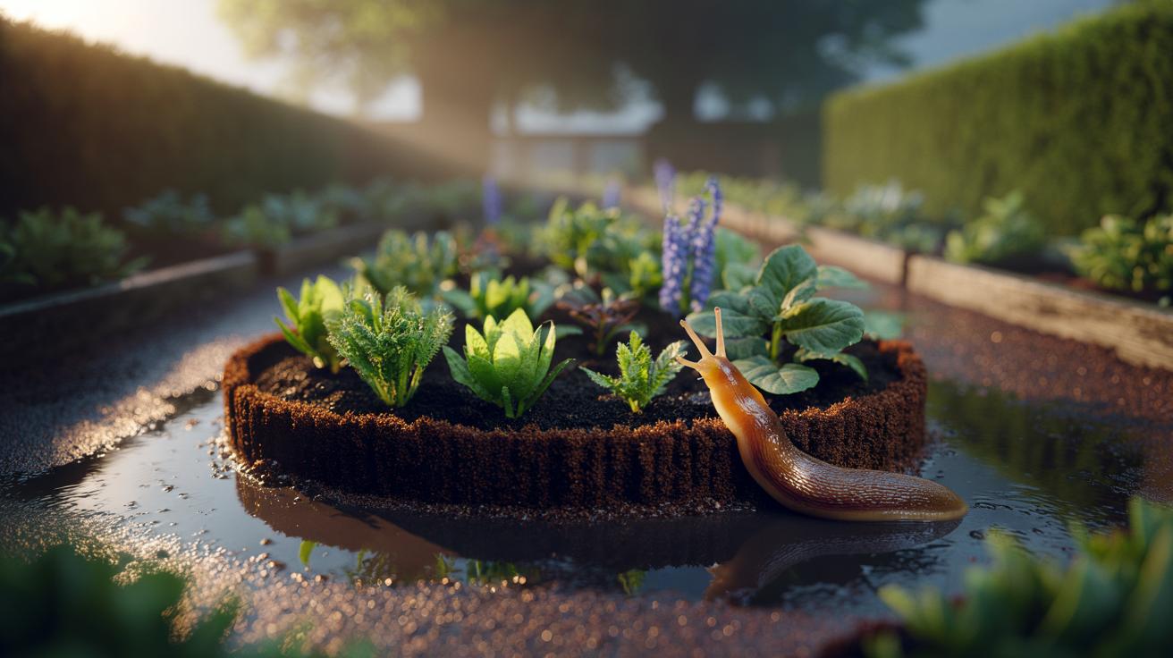 Illustration of coffee grounds forming a protective ring around tender seedlings to keep slugs away