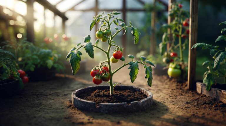 Illustration of a ring of used coffee grounds around a tomato plant delivering slow-release nitrogen