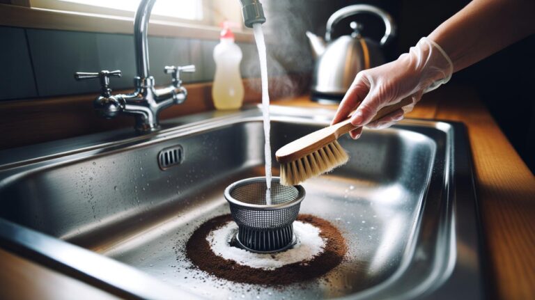 Illustration of spent coffee grounds being used to scrub a sink drain to deodorise and clean it