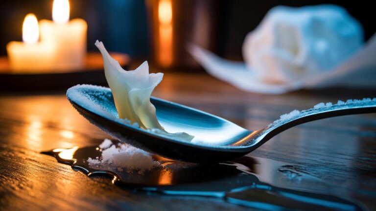 Illustration of a chilled metal spoon lifting hardened candle wax from a wooden surface using the cold-iron method