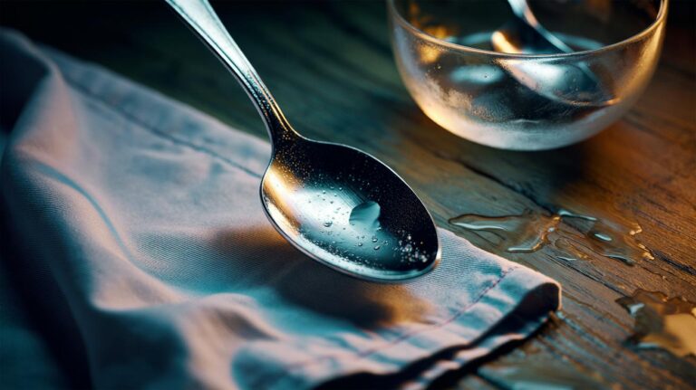 Illustration of a chilled spoon pressing a wrinkled fabric area to tighten loose fibres and smooth wrinkles