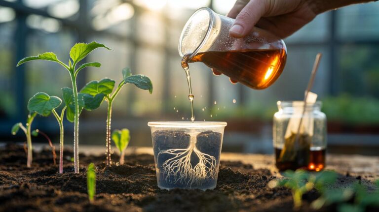 Illustration of diluted cold-tea feed being applied to young seedlings, with tannins supporting early root growth