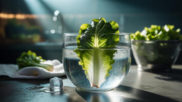 Illustration of wilted leafy greens soaking in an ice-water bath to restore turgor pressure and crispness
