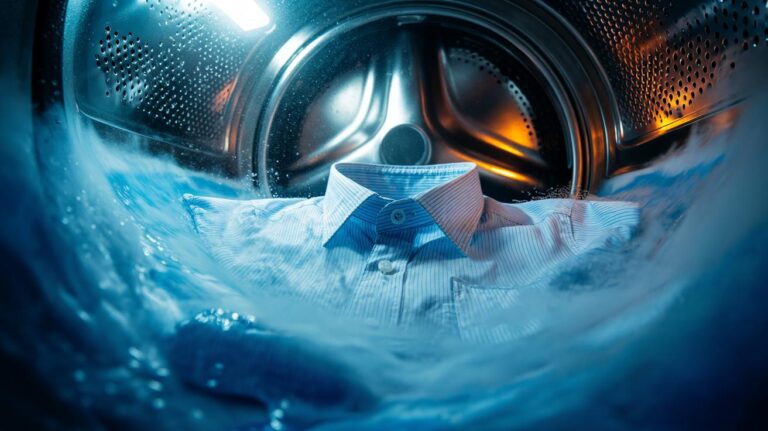 Illustration of a washing machine’s cold-water rinse swirl preventing shirt shrinking and protecting fibres