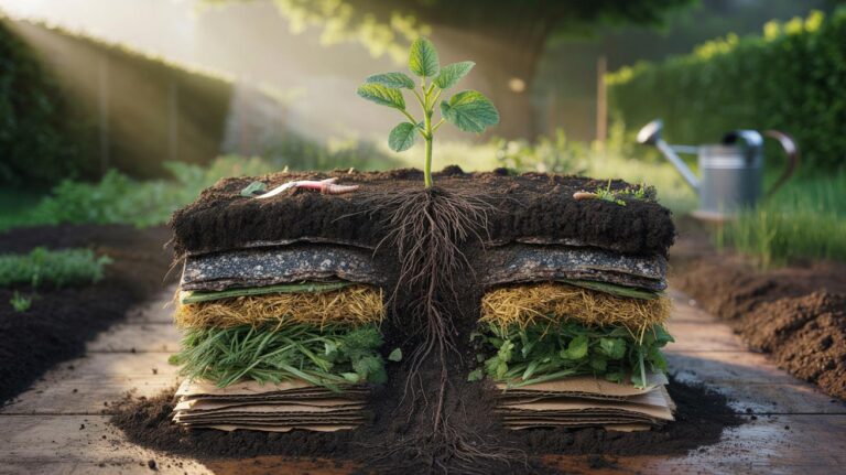 Illustration of the compost-layer method that enriches soil and improves nutrient retention through organic matter
