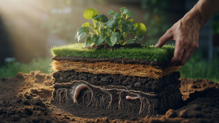 Illustration of the compost-layer method with alternating green and brown organic materials laid in thin layers on a garden bed to build humus, improve soil structure, and lock nutrients