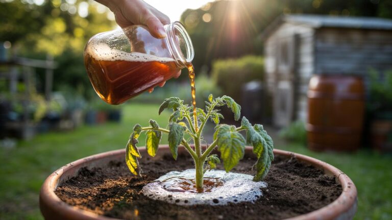 Illustration of compost tea being poured as a soil drench onto a wilted plant to restore turgor
