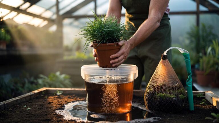 Illustration of a drooping potted plant being soaked in aerated compost tea to trigger fast nutrient-driven recovery