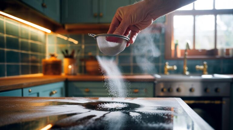 Illustration of cornstarch being sprinkled onto a greasy kitchen wall to draw out oil stains
