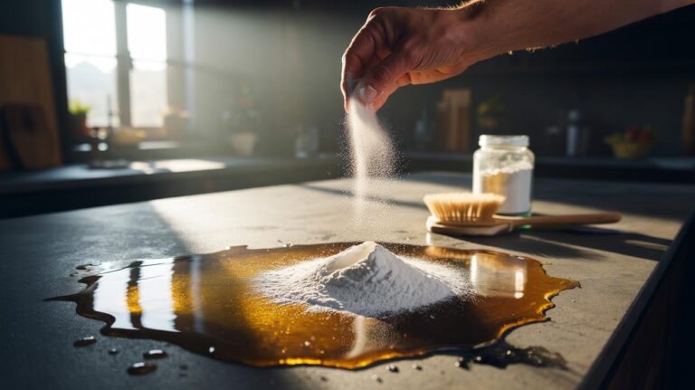 Illustration of cornstarch powder sprinkled over an oil spill on a kitchen surface, absorbing grease for easy cleanup