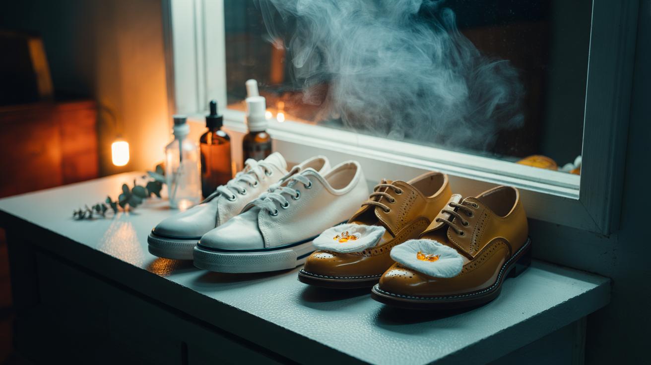 Illustration of cotton pads with a few drops of tea tree oil tucked into shoes overnight to absorb moisture and reduce odour