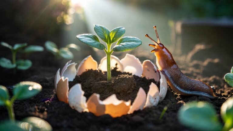 Illustration of crushed eggshells forming a protective barrier around young seedlings to deter slugs