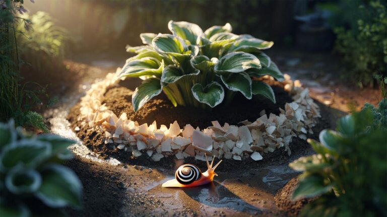 Illustration of a crushed eggshell barrier deterring snails from flower beds