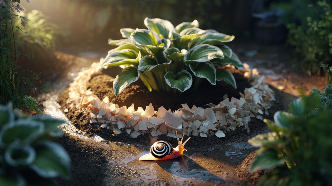 Illustration of a crushed eggshell barrier deterring snails from flower beds