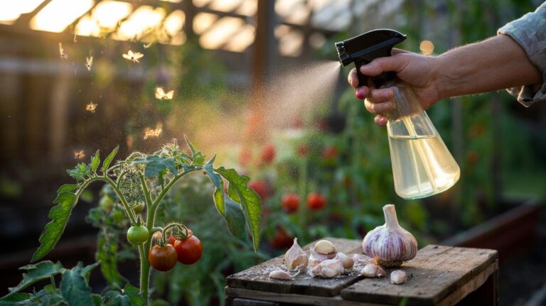 Illustration of a gardener spraying a crushed-garlic solution onto tomato plants to deter leaf-eating pests