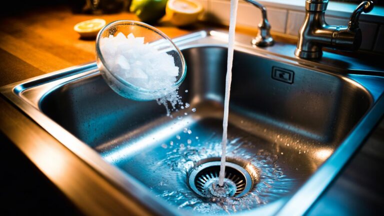 Illustration of crushed ice and coarse salt being fed into a running kitchen waste disposal under cold water to scour residue from the impellers and shred ring
