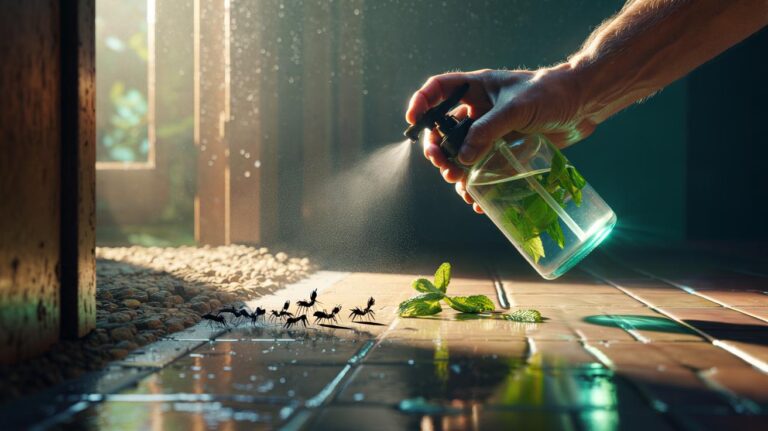 Illustration of a hand applying crushed‑mint spray along a door threshold, using aromatic oils to block ants’ entry paths