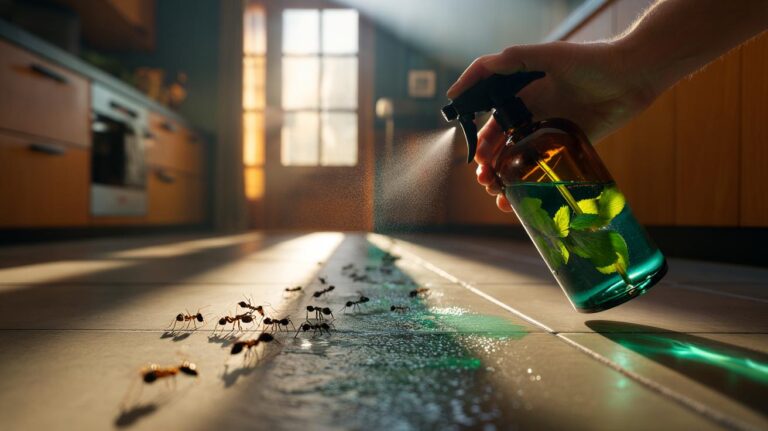 Illustration of a crushed-mint spray being applied to a kitchen entry point to repel ants by confusing their scent trails