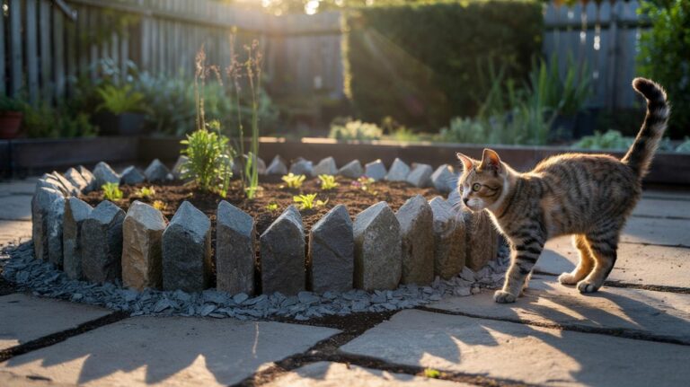 Illustration of a garden bed encircled by angular crushed-rock chippings forming a barrier while a cat hesitates at the edge