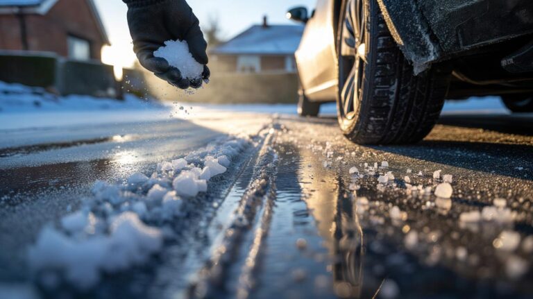 Illustration of coarse crushed rock salt being spread on an icy driveway to increase friction and accelerate melting