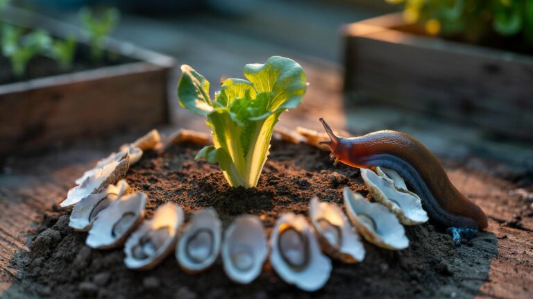Illustration of a ring of crushed shells forming a barrier around tender seedlings to deter slugs
