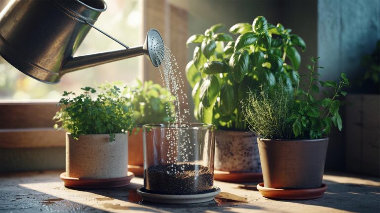 Illustration of deep-watering indoor herb pots on a windowsill with a watering can, saturating the root zone until runoff collects in saucers