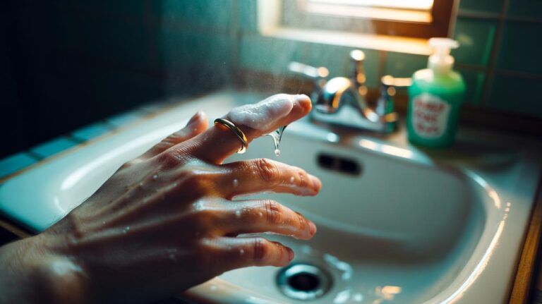 Illustration of dish soap being applied to a stuck ring to slide jewellery off a swollen finger