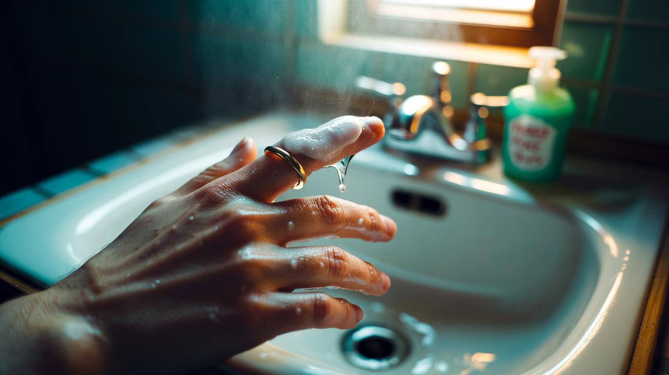 Illustration of dish soap being applied to a stuck ring to slide jewellery off a swollen finger