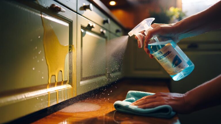 Illustration of a hand applying a dish-soap spray to greasy kitchen cabinet doors, showing the surfactant action that emulsifies and lifts built-up film