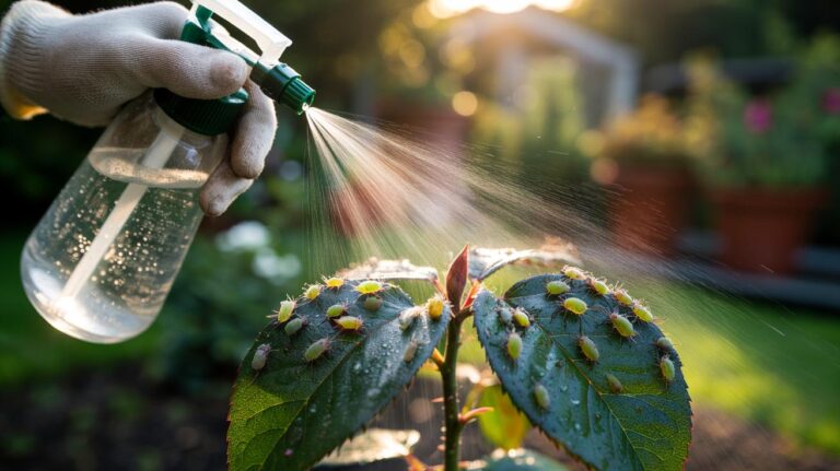Illustration of a spray bottle applying a washing-up liquid and white vinegar solution to aphids on a plant leaf, showing surfactants breaking down the insects’ waxy cuticle