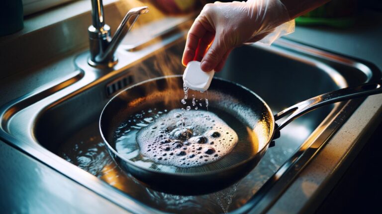 Illustration of a burnt stainless steel pan soaking in hot water with a dissolving dishwasher tablet to remove charred residue