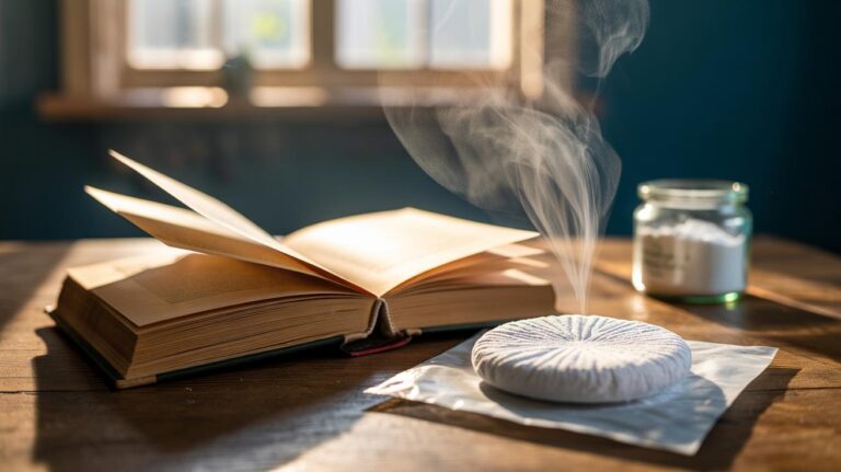 Illustration of a dryer sheet in a paper pouch placed near an open book to gently reduce musty odour while the pages air out