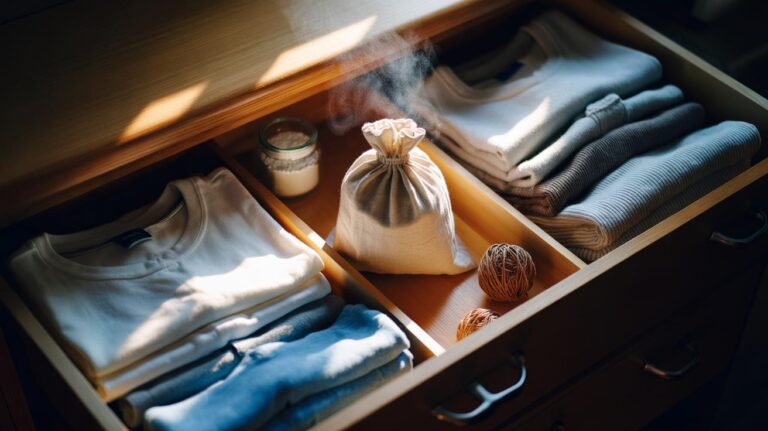 Illustration of a dresser drawer with neatly folded clothes and a dryer sheet tucked inside to keep garments fresh for months