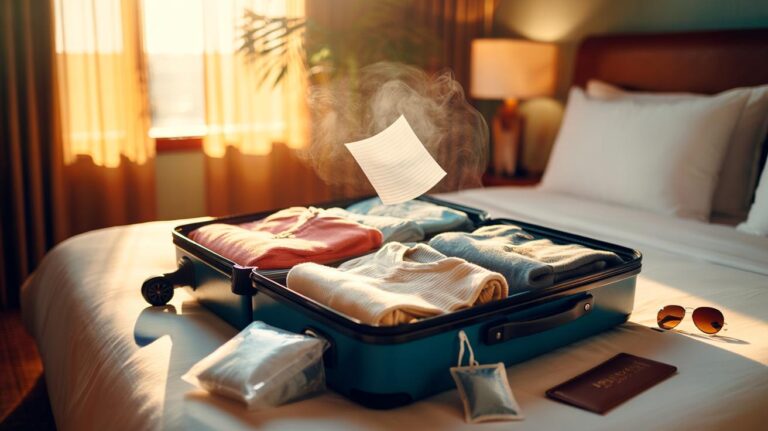 Illustration of a dryer sheet tucked inside an open suitcase among folded clothes to keep them fresh on holiday