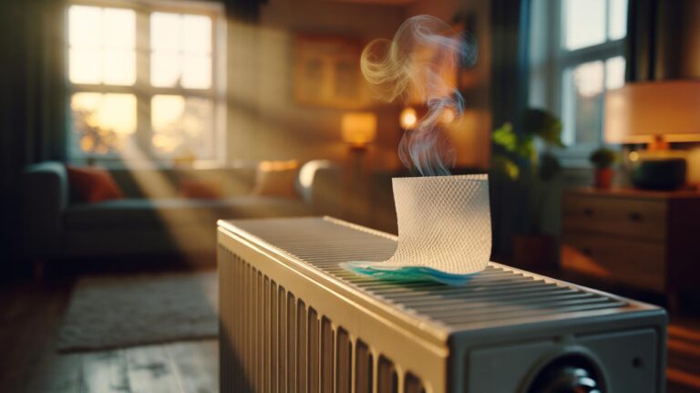 Illustration of a dryer sheet placed on a home radiator, with heat releasing its fragrance into the room