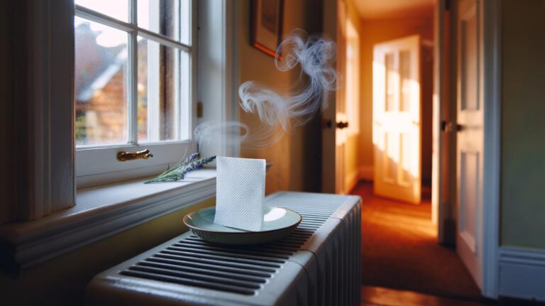 Illustration of a dryer sheet resting on a warm household radiator, using gentle heat to release fragrance throughout the home