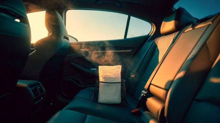 Illustration of a dryer sheet placed under a car seat to keep the car interior smelling clean for weeks without spraying