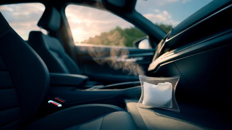 Illustration of a dryer sheet tucked under a car seat to keep the car interior smelling fresh without spray