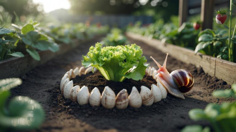 Illustration of crushed eggshell mulch forming a protective ring around a garden seedling with a snail nearby