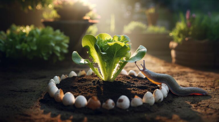 Illustration of crushed eggshells forming a protective ring around young seedlings to deter slugs and supply calcium