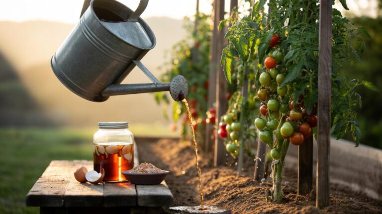 Illustration of homemade eggshell-and-vinegar tea being prepared and applied as liquid calcium to tomato plants to prevent blossom-end rot
